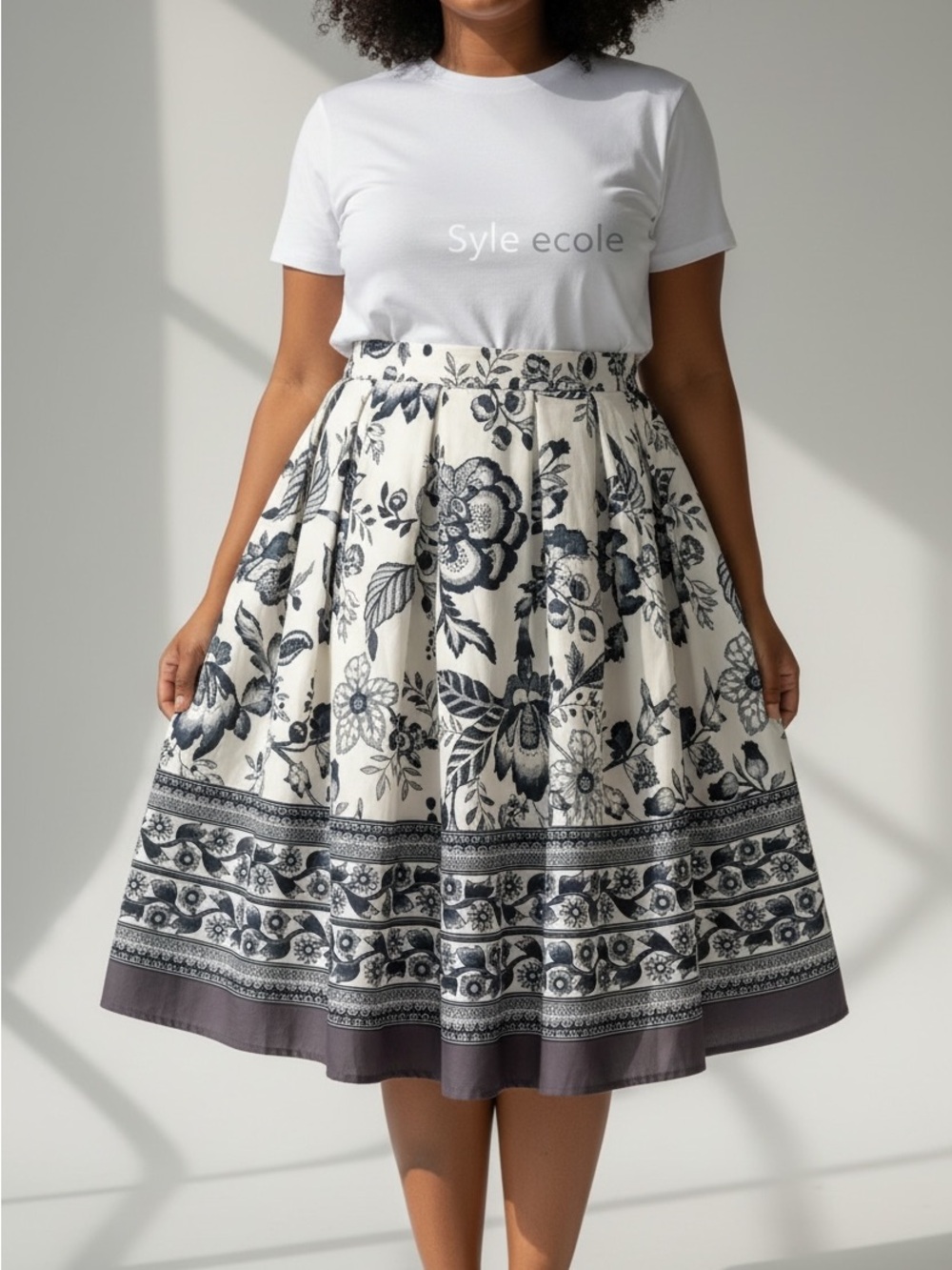 A-Line Floral Midi Skirt in White and Navy